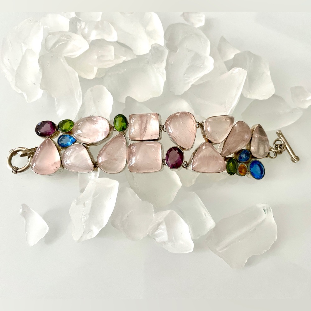 Fabulous Rose Quartz & Multi-Stone Silver Plated Bracelet
